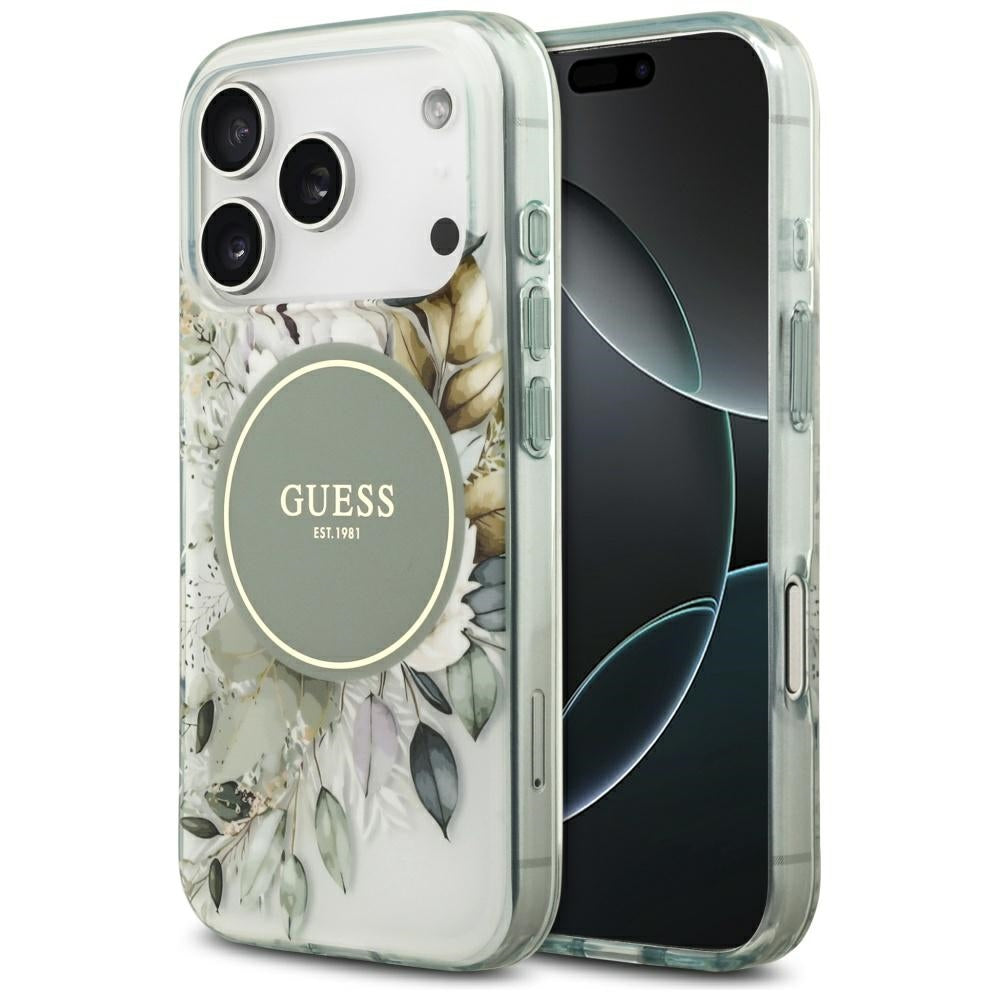 Étui MagSafe pour Apple iPhone 17 Pro Max, Guess, IML Flower & Tonal Circle, Vert