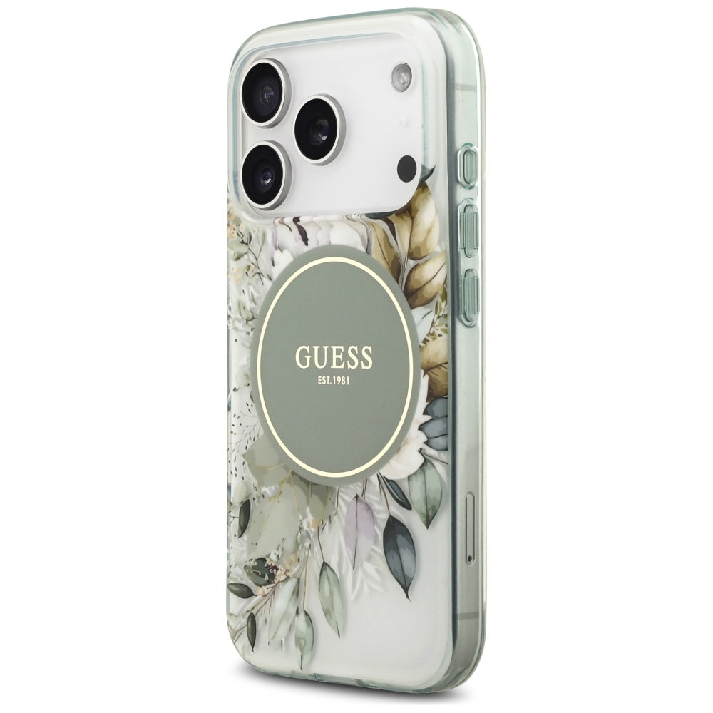 Étui MagSafe pour Apple iPhone 17 Pro Max, Guess, IML Flower & Tonal Circle, Vert
