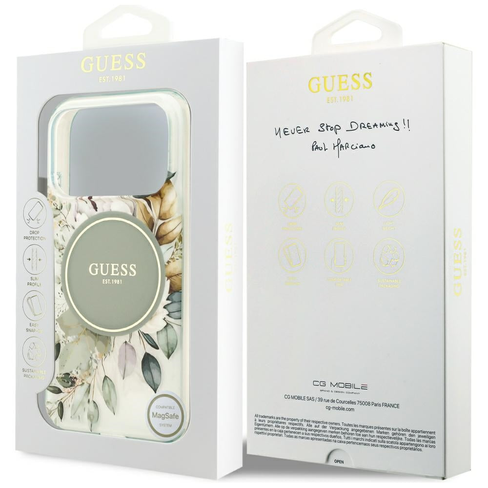 Étui MagSafe pour Apple iPhone 17 Pro Max, Guess, IML Flower & Tonal Circle, Vert