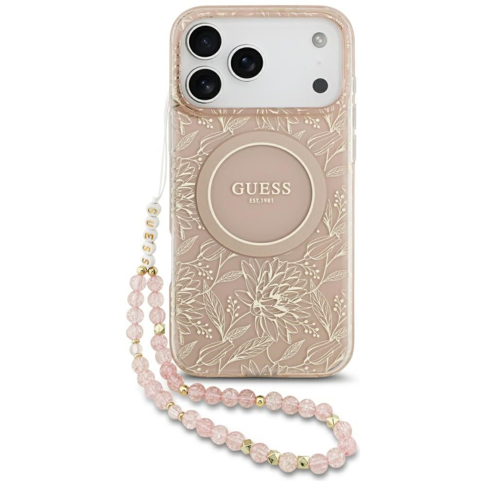 Coque MagSafe pour Apple iPhone 17 Pro Max, Guess, IML Flowers Allover Electroplated with Pearl Strap, Rose