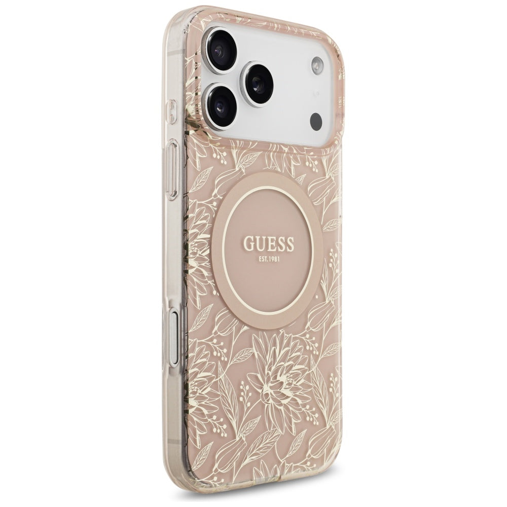 Coque MagSafe pour Apple iPhone 17 Pro Max, Guess, IML Flowers Allover Electroplated with Pearl Strap, Rose