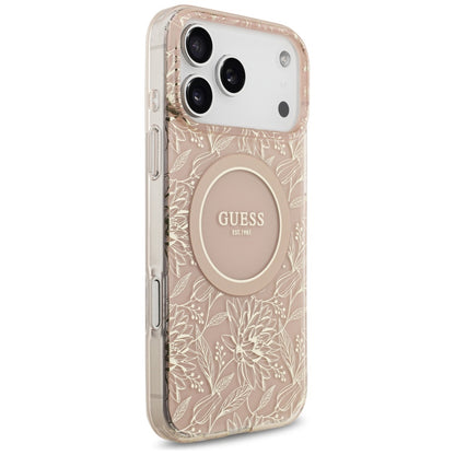 Coque MagSafe pour Apple iPhone 17 Pro Max, Guess, IML Flowers Allover Electroplated with Pearl Strap, Rose