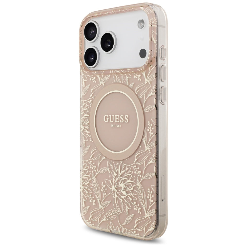 Coque MagSafe pour Apple iPhone 17 Pro Max, Guess, IML Flowers Allover Electroplated with Pearl Strap, Rose