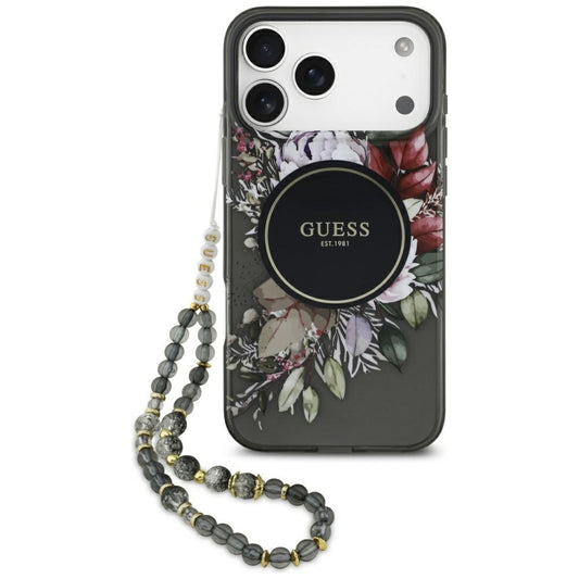 Étui MagSafe pour Apple iPhone 17 Pro Max, Guess, IML Flowers with Pearl Strap, Noir