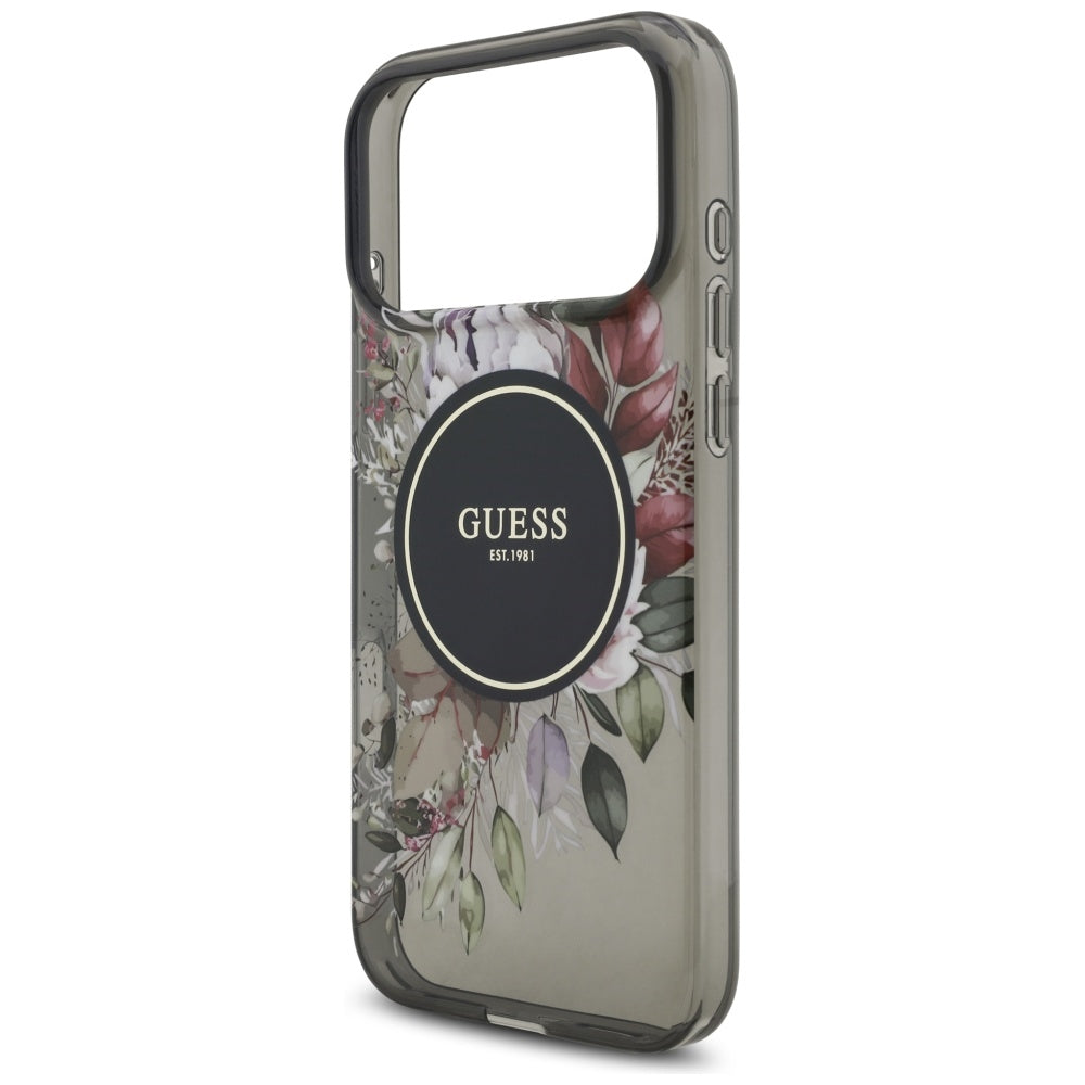 Étui MagSafe pour Apple iPhone 17 Pro Max, Guess, IML Flowers with Pearl Strap, Noir