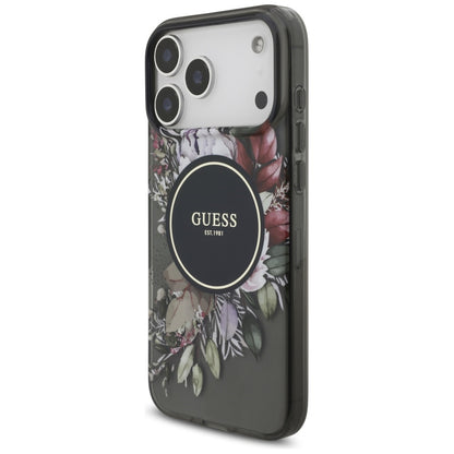 Étui MagSafe pour Apple iPhone 17 Pro Max, Guess, IML Flowers with Pearl Strap, Noir