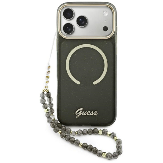 Étui MagSafe pour Apple iPhone 17 Pro Max, Guess, IML Glitter Script Strap, Noir