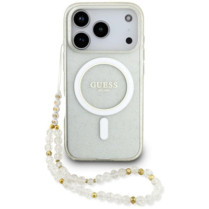 Coque MagSafe pour Apple iPhone 17 Pro Max, Guess, IML Glitter avec sangle perle, Transparente