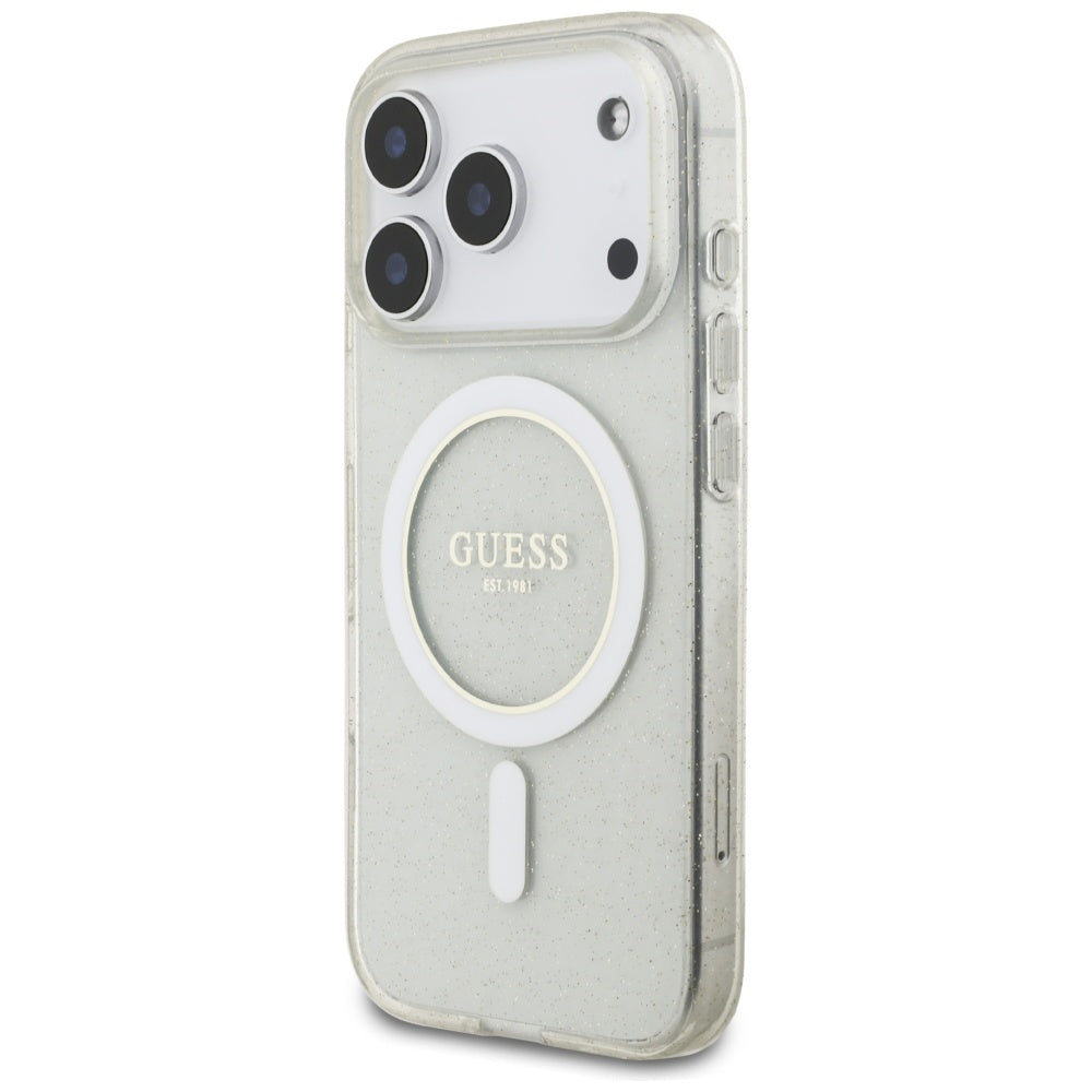 Coque MagSafe pour Apple iPhone 17 Pro Max, Guess, IML Glitter avec sangle perle, Transparente
