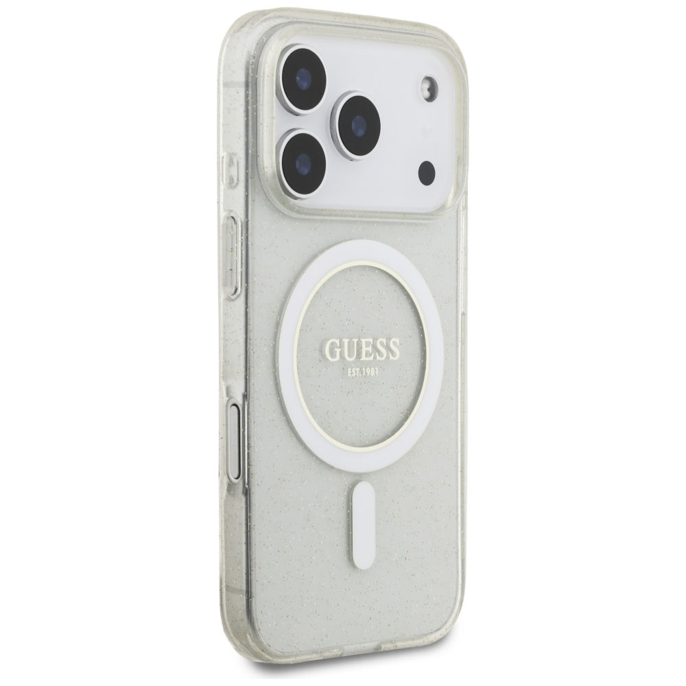 Coque MagSafe pour Apple iPhone 17 Pro Max, Guess, IML Glitter avec sangle perle, Transparente