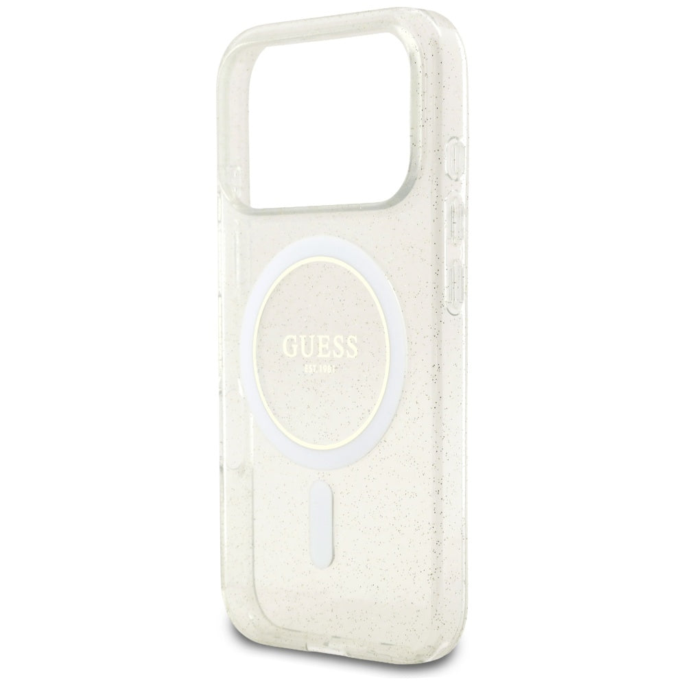 Coque MagSafe pour Apple iPhone 17 Pro Max, Guess, IML Glitter avec sangle perle, Transparente