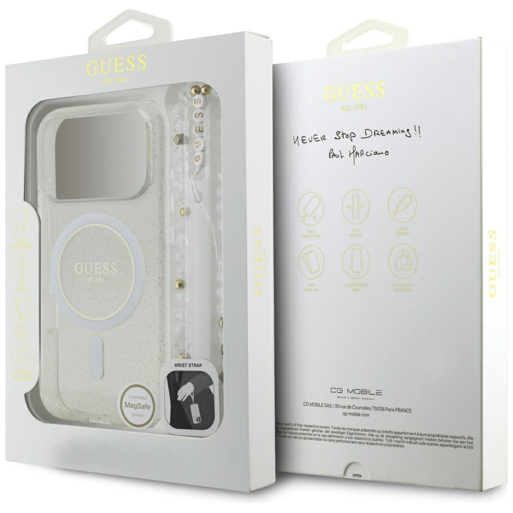 Coque MagSafe pour Apple iPhone 17 Pro Max, Guess, IML Glitter avec sangle perle, Transparente