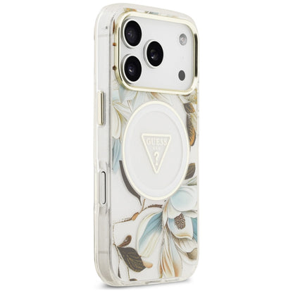 Coque MagSafe pour Apple iPhone 17 Pro Max, Guess, IML Metal Glitter Flowers Triangle, Blanche