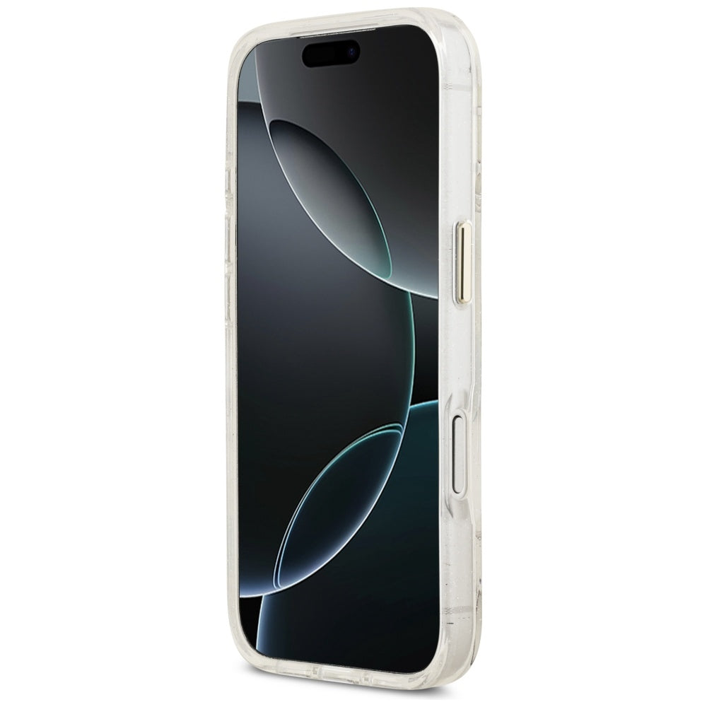 Coque MagSafe pour Apple iPhone 17 Pro Max, Guess, IML Metal Glitter Flowers Triangle, Blanche