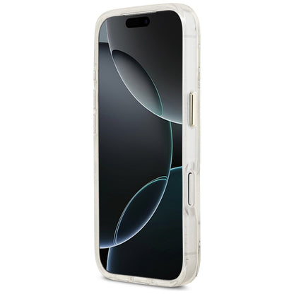 Coque MagSafe pour Apple iPhone 17 Pro Max, Guess, IML Metal Glitter Flowers Triangle, Blanche