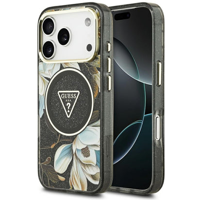 Coque MagSafe pour Apple iPhone 17 Pro Max, Guess, IML Metal Glitter Flowers Triangle, Noire