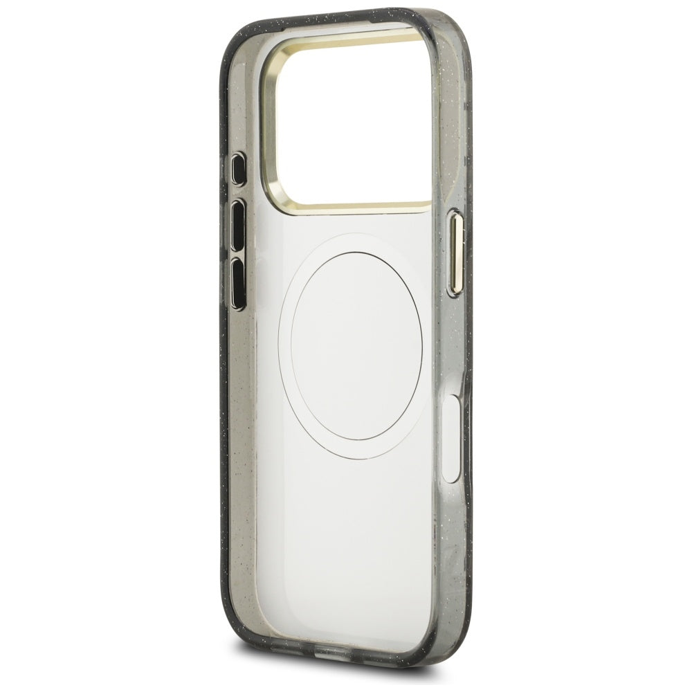 Coque MagSafe pour Apple iPhone 17 Pro Max, Guess, IML Metal Glitter Flowers Triangle, Noire