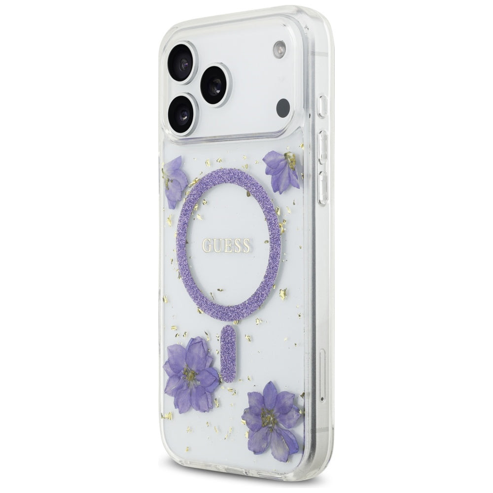 MagSafe Case for Apple iPhone 17 Pro Max, Guess, Resin Flowers and Glitter, Purple