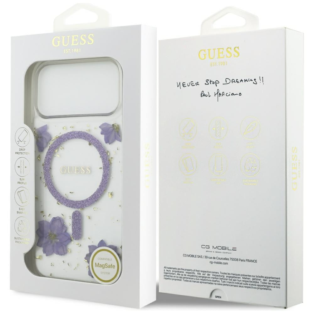 MagSafe Case for Apple iPhone 17 Pro Max, Guess, Resin Flowers and Glitter, Purple