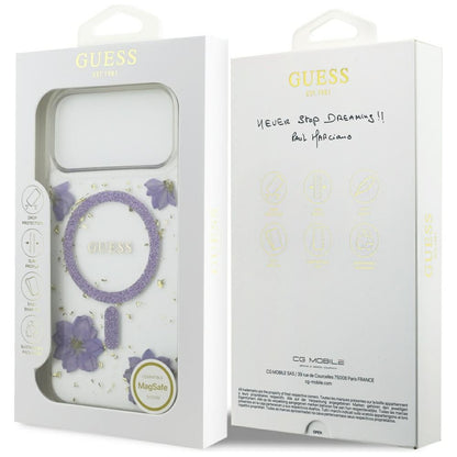 MagSafe Case for Apple iPhone 17 Pro Max, Guess, Resin Flowers and Glitter, Purple