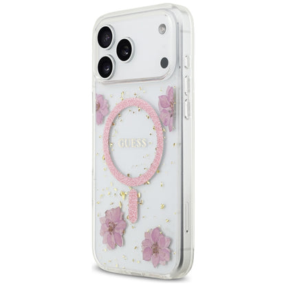 MagSafe Case for Apple iPhone 17 Pro Max, Guess, Resin Flowers and Glitter, Pink