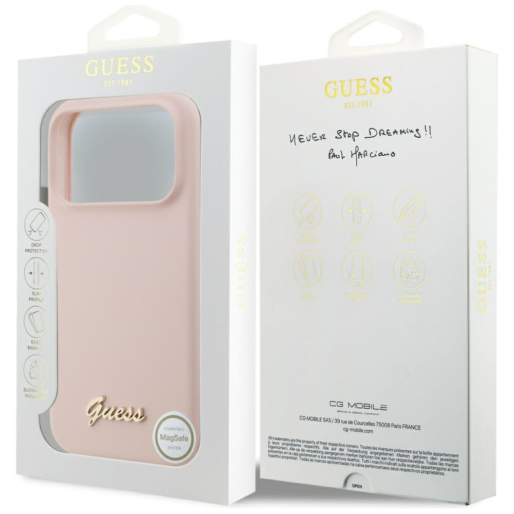 Coque MagSafe pour Apple iPhone 17 Pro Max, Guess, Script Metal Logo, Rose Clair