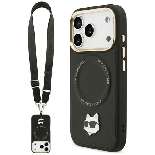 Coque MagSafe pour Apple iPhone 17 Pro Max, Karl Lagerfeld, Big Strap Choupette Metal Logo, Noire