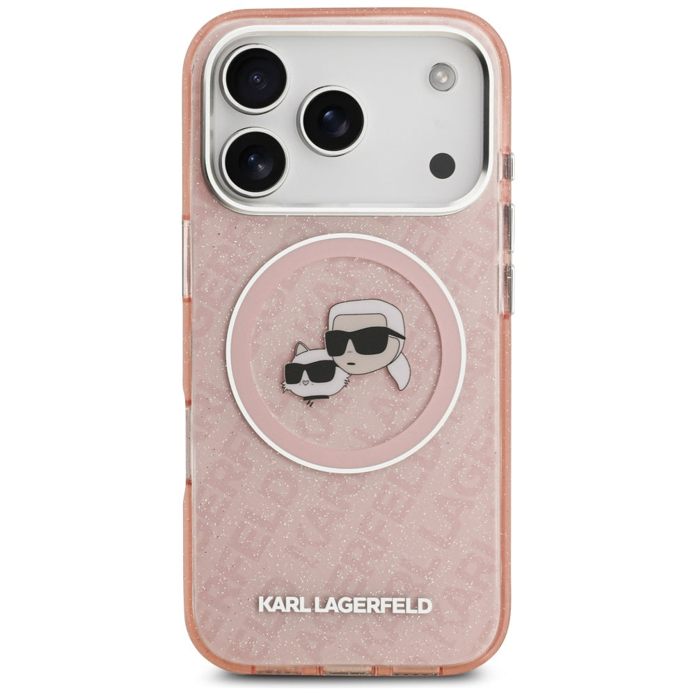 Coque MagSafe pour Apple iPhone 17 Pro Max, Karl Lagerfeld, Glitter Karl & Choupette Head, Rose.