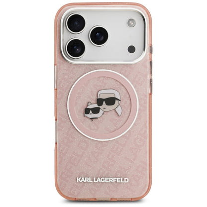 Coque MagSafe pour Apple iPhone 17 Pro Max, Karl Lagerfeld, Glitter Karl & Choupette Head, Rose.