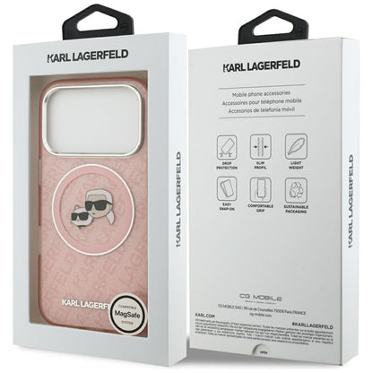 Coque MagSafe pour Apple iPhone 17 Pro Max, Karl Lagerfeld, Glitter Karl & Choupette Head, Rose.