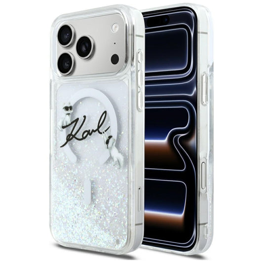 Coque MagSafe pour Apple iPhone 17 Pro Max, Karl Lagerfeld, Glitter Karl Script Logo, Transparente