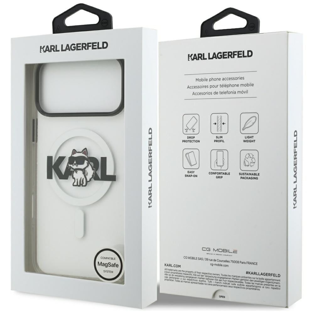 Housse MagSafe pour Apple iPhone 17 Pro Max, Karl Lagerfeld, IML Sketch Logo Choupette, Transparente