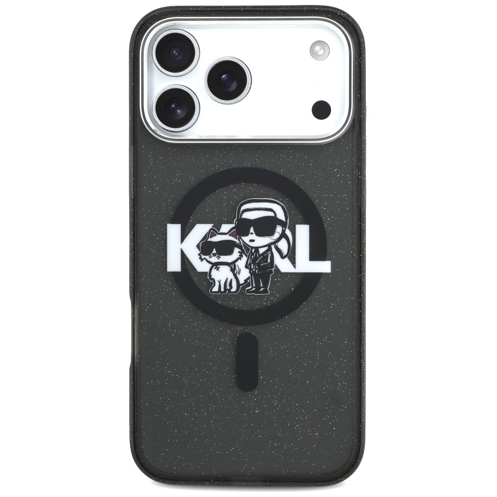 Étui MagSafe pour Apple iPhone 17 Pro Max, Karl Lagerfeld, IML Sketch Logo Glitter Karl & Choupette, Noir