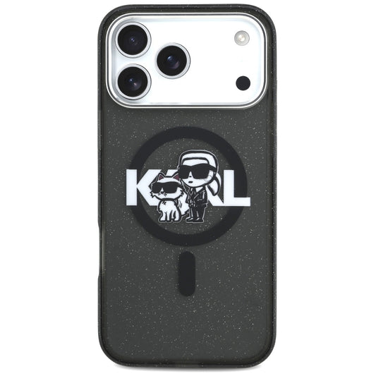 Étui MagSafe pour Apple iPhone 17 Pro Max, Karl Lagerfeld, IML Sketch Logo Glitter Karl & Choupette, Noir