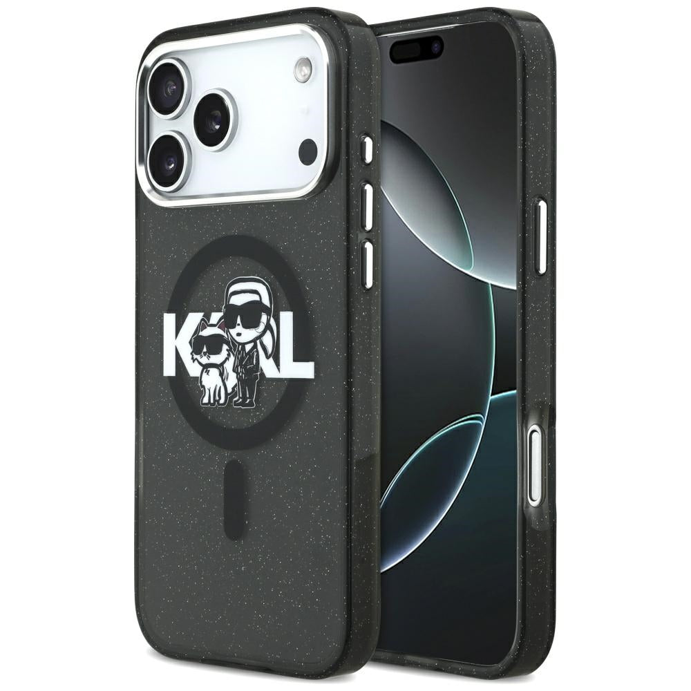 Étui MagSafe pour Apple iPhone 17 Pro Max, Karl Lagerfeld, IML Sketch Logo Glitter Karl & Choupette, Noir