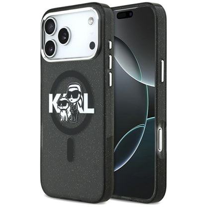 Étui MagSafe pour Apple iPhone 17 Pro Max, Karl Lagerfeld, IML Sketch Logo Glitter Karl & Choupette, Noir