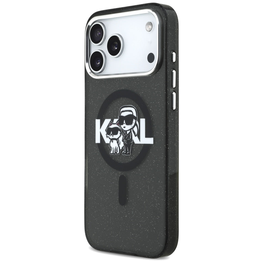 Étui MagSafe pour Apple iPhone 17 Pro Max, Karl Lagerfeld, IML Sketch Logo Glitter Karl & Choupette, Noir
