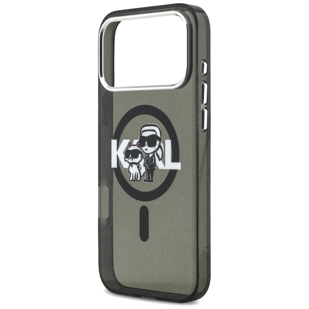 Étui MagSafe pour Apple iPhone 17 Pro Max, Karl Lagerfeld, IML Sketch Logo Glitter Karl & Choupette, Noir