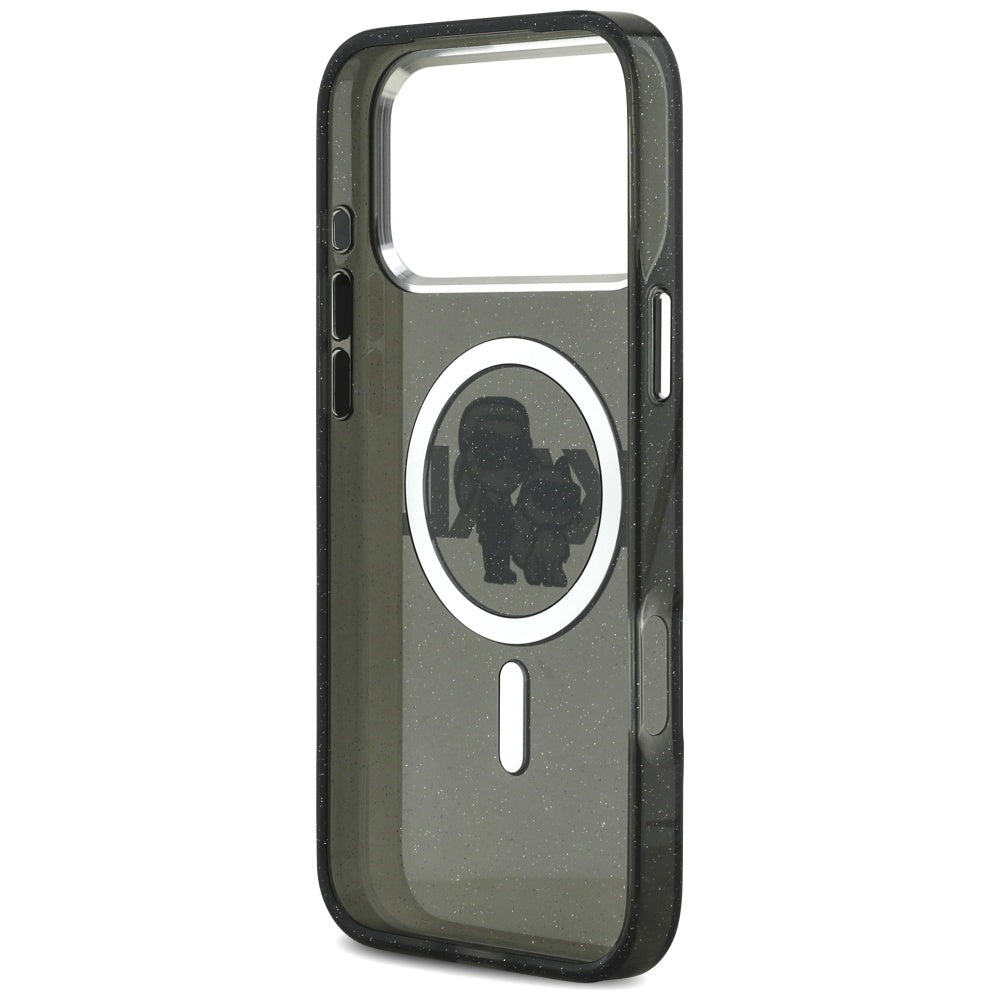 Étui MagSafe pour Apple iPhone 17 Pro Max, Karl Lagerfeld, IML Sketch Logo Glitter Karl & Choupette, Noir