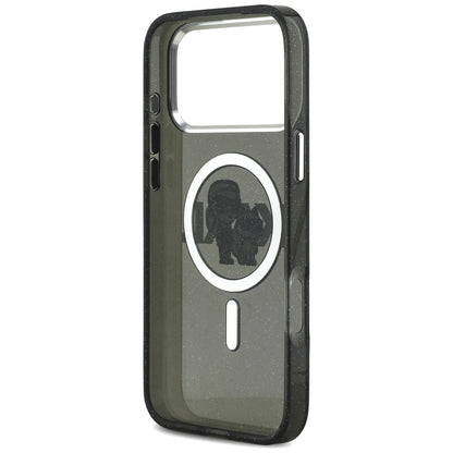 Étui MagSafe pour Apple iPhone 17 Pro Max, Karl Lagerfeld, IML Sketch Logo Glitter Karl & Choupette, Noir