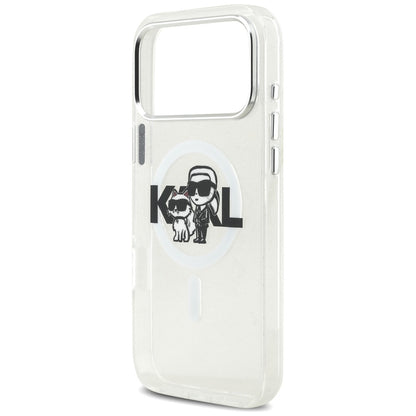 Coque MagSafe pour Apple iPhone 17 Pro Max, Karl Lagerfeld, IML Sketch Logo Glitter Karl & Choupette, Transparente