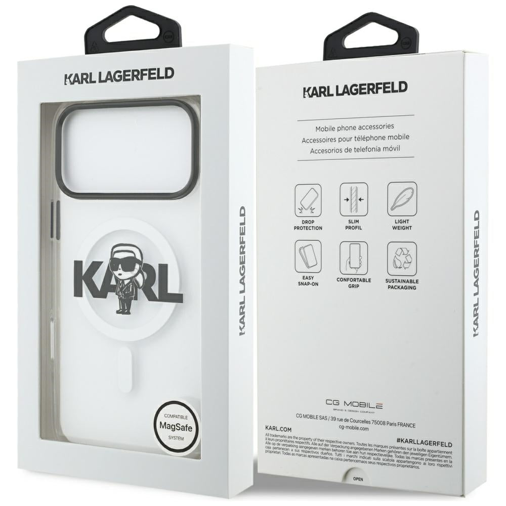 Coque MagSafe pour Apple iPhone 17 Pro Max, Karl Lagerfeld, IML Sketch Logo Karl, Transparente