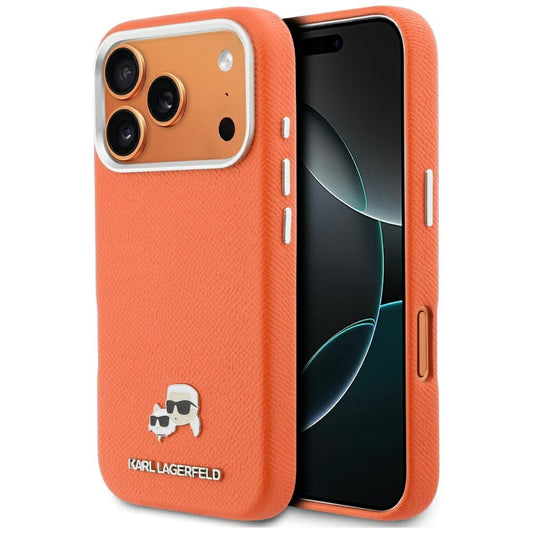 Coque MagSafe pour Apple iPhone 17 Pro Max, Karl Lagerfeld, Karl & Choupette Head's Pin, Orange