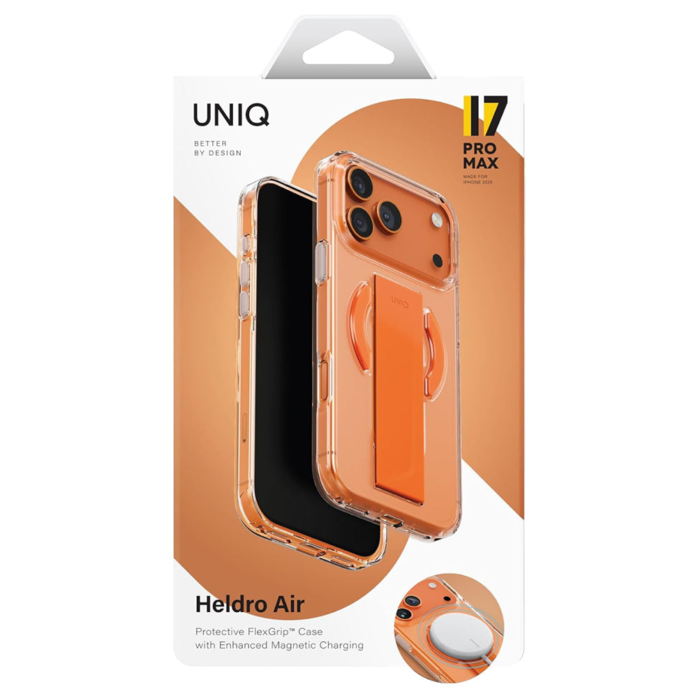 Coque MagSafe pour Apple iPhone 17 Pro Max, UNIQ, Heldro Air MagClick, Transparente Orange