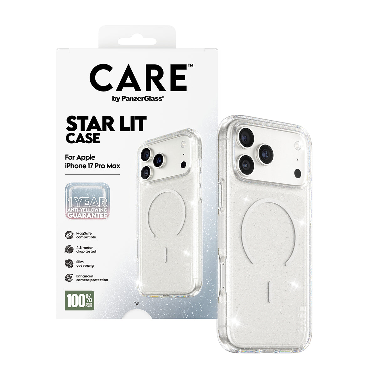 Coque MagSafe pour Apple iPhone 17 Pro, PanzerGlass, Care Urban Explorer Star Lit, Transparente Blanche