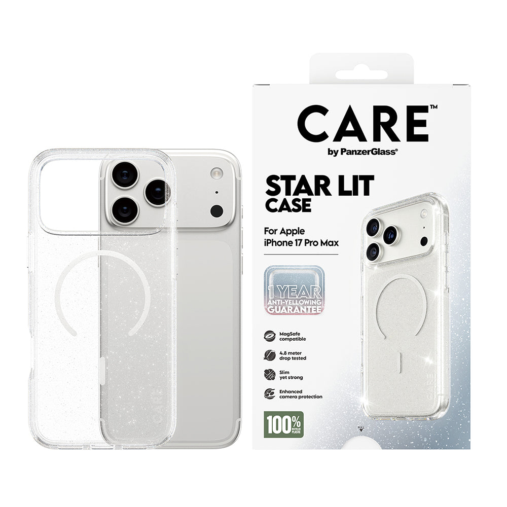Coque MagSafe pour Apple iPhone 17 Pro, PanzerGlass, Care Urban Explorer Star Lit, Transparente Blanche