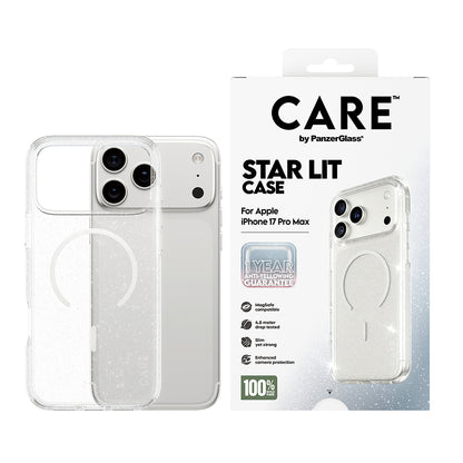 Coque MagSafe pour Apple iPhone 17 Pro, PanzerGlass, Care Urban Explorer Star Lit, Transparente Blanche