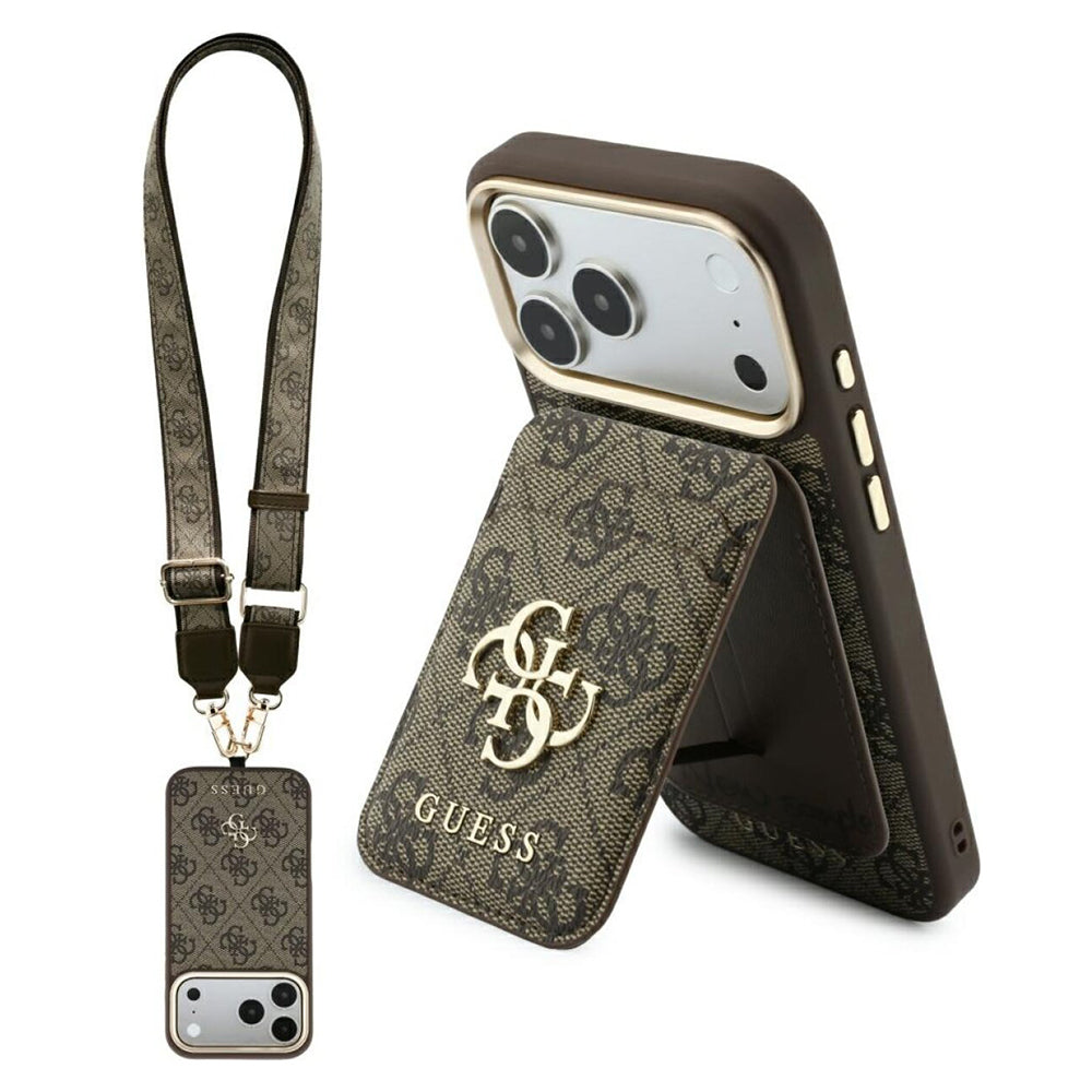 Coque MagSafe pour Apple iPhone 18 Pro / 17 Pro, Guess, 4G Cardslot & Big Strap, marron