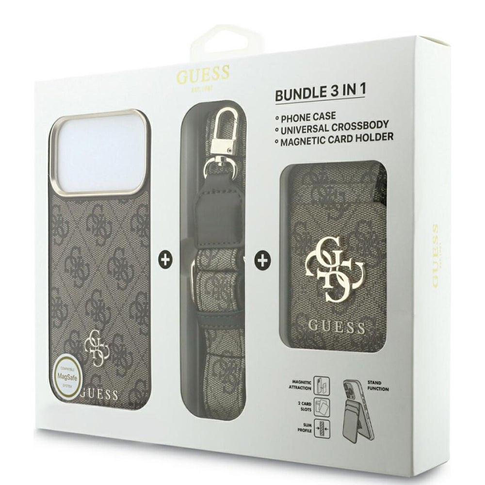 Coque MagSafe pour Apple iPhone 18 Pro / 17 Pro, Guess, 4G Cardslot & Big Strap, marron