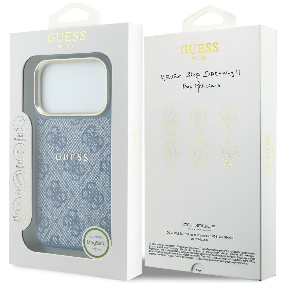 Coque MagSafe pour Apple iPhone 18 Pro / 17 Pro, Guess, 4G Embossed Classic, Bleue